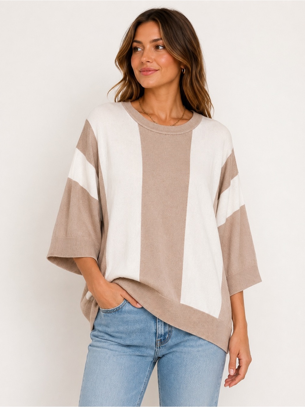 Philosophy Neutral Colorblock Oversized Knit Sweater Taupe Cream Size L